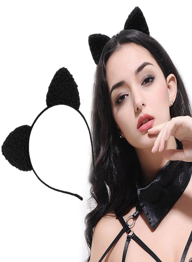 Dolebao Women Girls Lace Cat Ears Headband, Headwear Hair Accessories for Halloween Chriatmas Party Daily Decoration(Curly Plush, Black) - Image 2